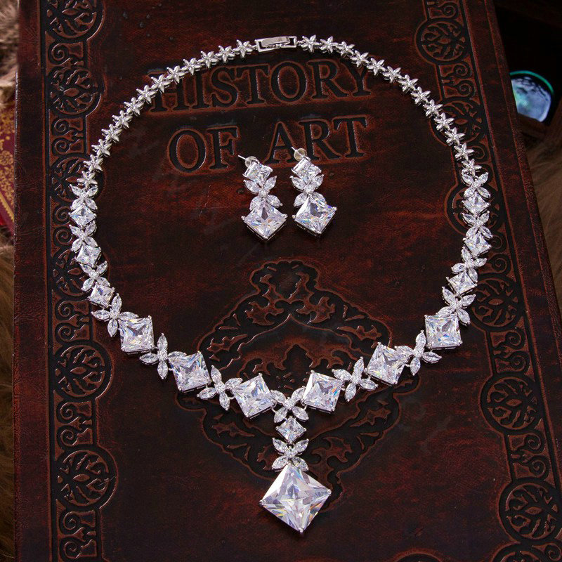 Luxury Banquet Wedding Jewelry Sets Blocks Flower Earrings & Bridal AAA+ Zircon Statement Necklace
