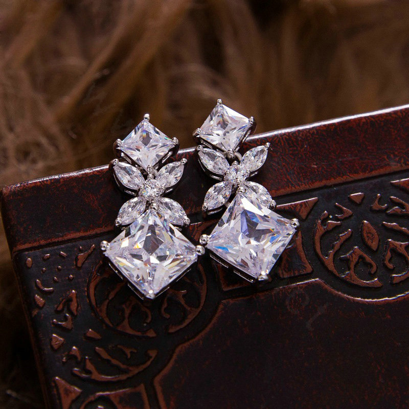 Luxury Banquet Wedding Jewelry Sets Blocks Flower Earrings & Bridal AAA+ Zircon Statement Necklace