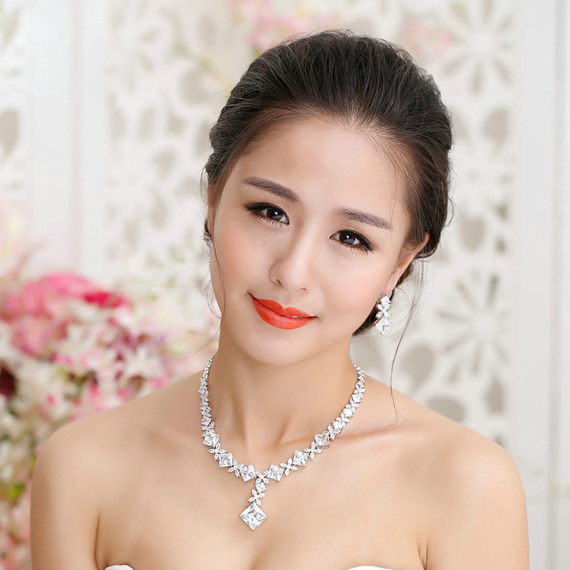Luxury Banquet Wedding Jewelry Sets Blocks Flower Earrings & Bridal AAA+ Zircon Statement Necklace