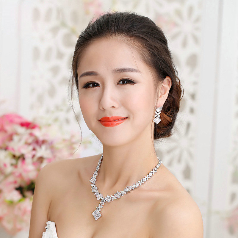 Luxury Banquet Wedding Jewelry Sets Blocks Flower Earrings & Bridal AAA+ Zircon Statement Necklace