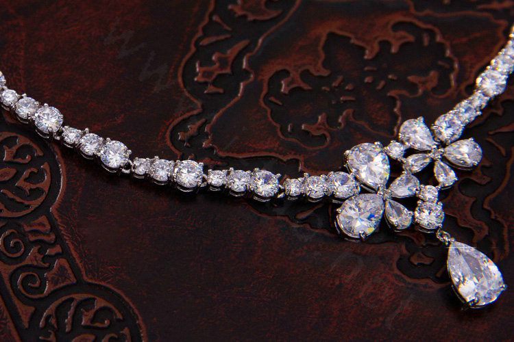 Luxury Banquet Wedding Jewelry Sets Crystal Flower Water-drop Earrings & Bridal Zircon Statement Necklace