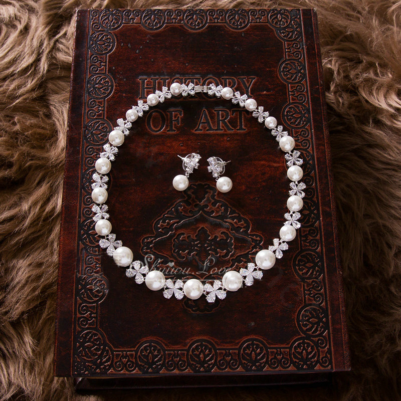 Luxury Banquet Wedding Jewelry Sets Crystal Pearl Flower Earrings & Bridal Zircon Statement Necklace