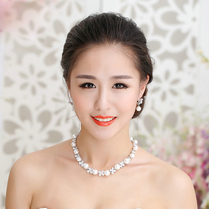 Luxury Banquet Wedding Jewelry Sets Crystal Pearl Flower Earrings & Bridal Zircon Statement Necklace