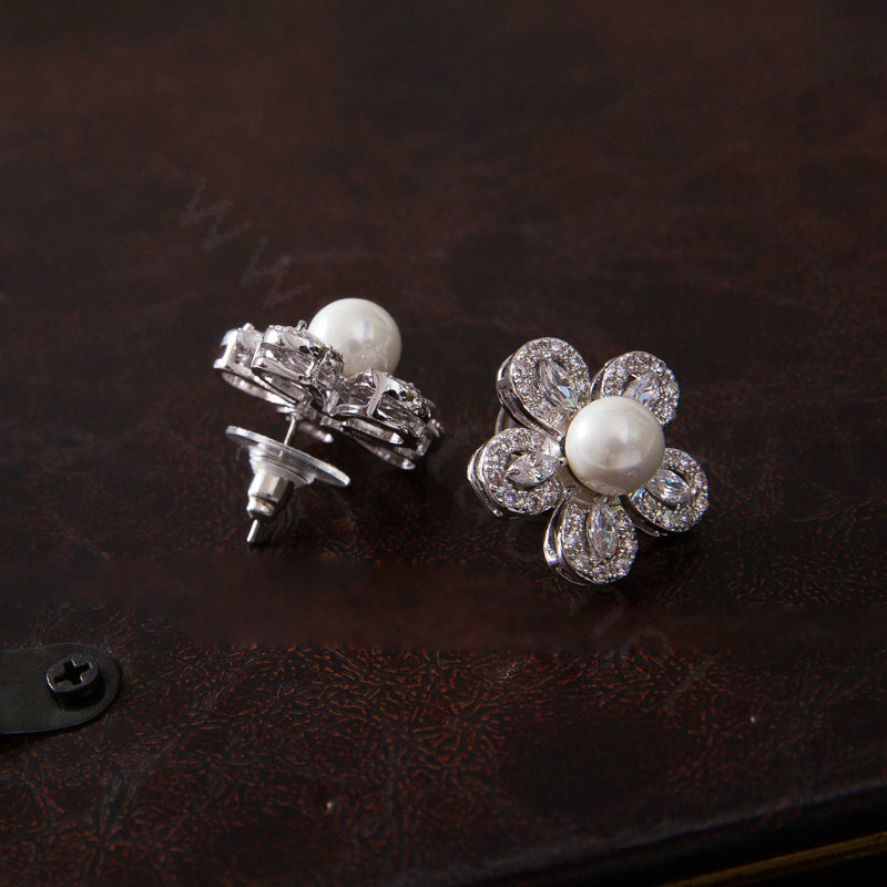 Luxury Banquet Wedding Jewelry Sets Crystal Pearl Hollow Flower Earrings & Bridal Zircon Statement Necklace