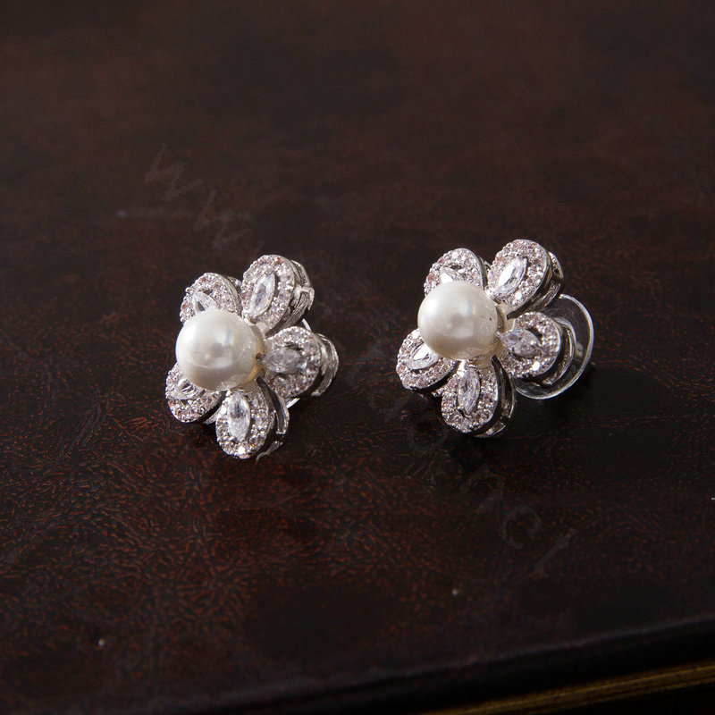 Luxury Banquet Wedding Jewelry Sets Crystal Pearl Hollow Flower Earrings & Bridal Zircon Statement Necklace