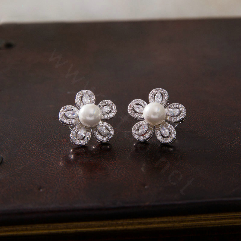 Luxury Banquet Wedding Jewelry Sets Crystal Pearl Hollow Flower Earrings & Bridal Zircon Statement Necklace