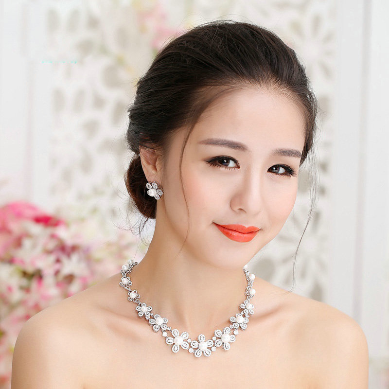 Luxury Banquet Wedding Jewelry Sets Crystal Pearl Hollow Flower Earrings & Bridal Zircon Statement Necklace