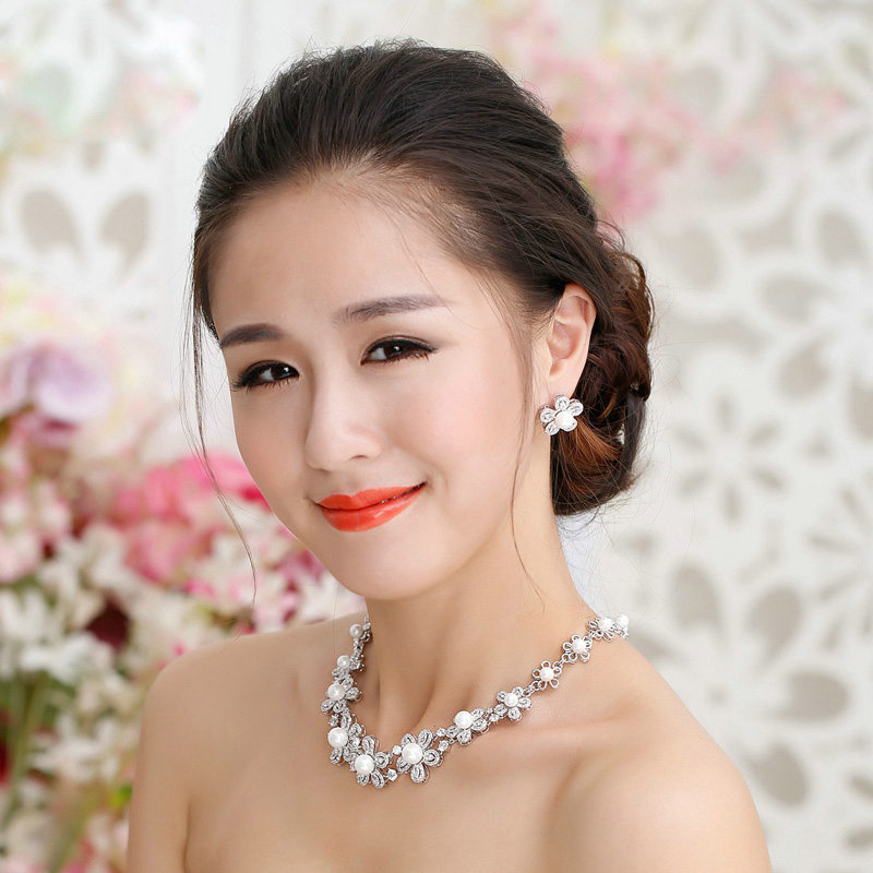 Luxury Banquet Wedding Jewelry Sets Crystal Pearl Hollow Flower Earrings & Bridal Zircon Statement Necklace