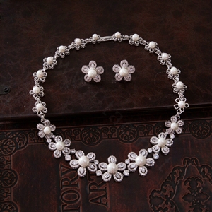 Luxury Banquet Wedding Jewelry Sets Crystal Pearl Hollow Flower Earrings & Bridal Zircon Statement Necklace