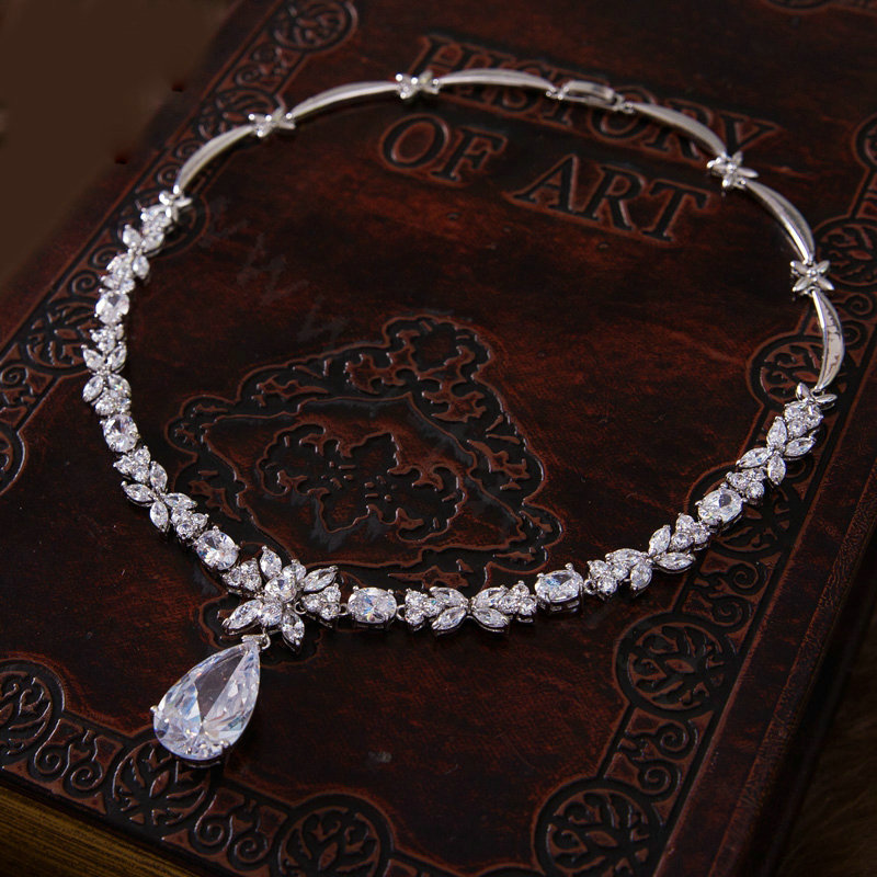 Luxury Banquet Wedding Jewelry Sets Crystal Water-drop Earrings & Bridal Flower Zircon Statement Necklace