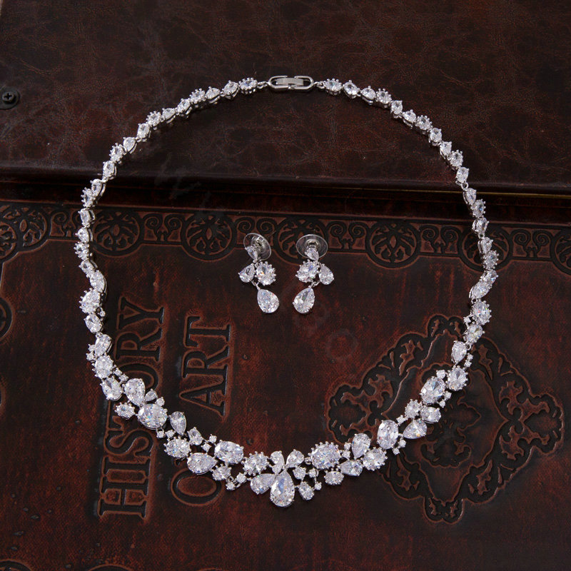 Luxury Banquet Wedding Jewelry Sets Crystal Water-drop Earrings & Bridal Zircon Statement Necklace
