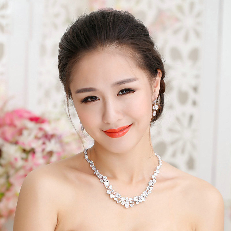 Luxury Banquet Wedding Jewelry Sets Crystal Water-drop Earrings & Bridal Zircon Statement Necklace