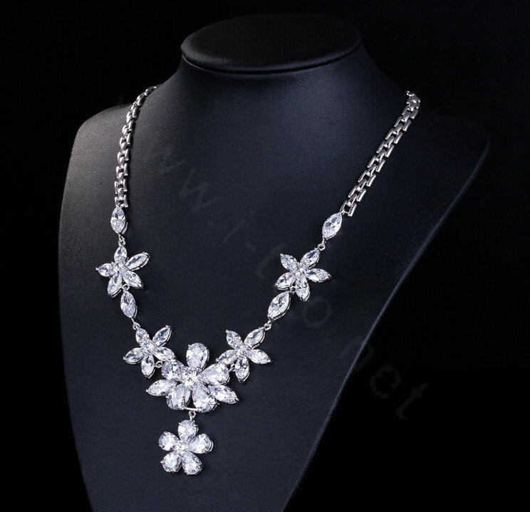Luxury Banquet Wedding Jewelry Sets Diamond Flower Stud Earrings & Bridal Zircon Pendant Necklace