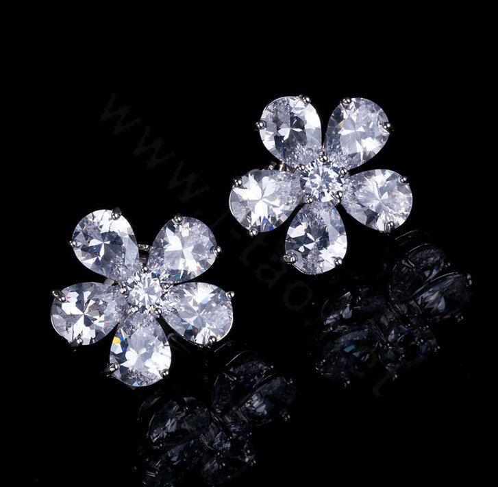 Luxury Banquet Wedding Jewelry Sets Diamond Flower Stud Earrings & Bridal Zircon Pendant Necklace
