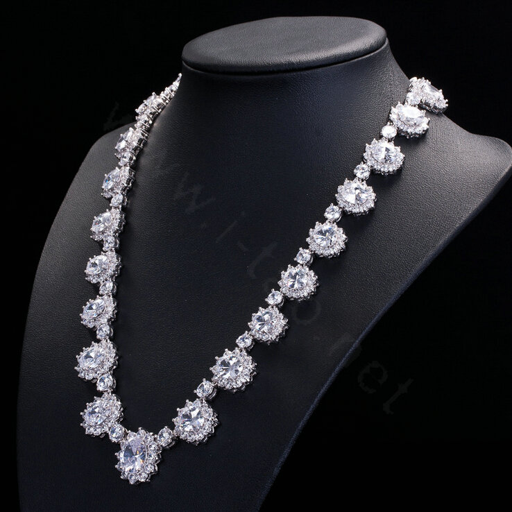 Luxury Banquet Wedding Jewelry Sets Diamond Flower Stud Earrings & Bridal Zircon Statement Necklace
