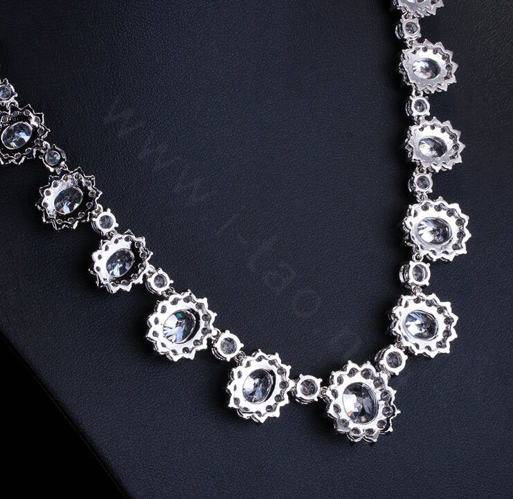 Luxury Banquet Wedding Jewelry Sets Diamond Flower Stud Earrings & Bridal Zircon Statement Necklace