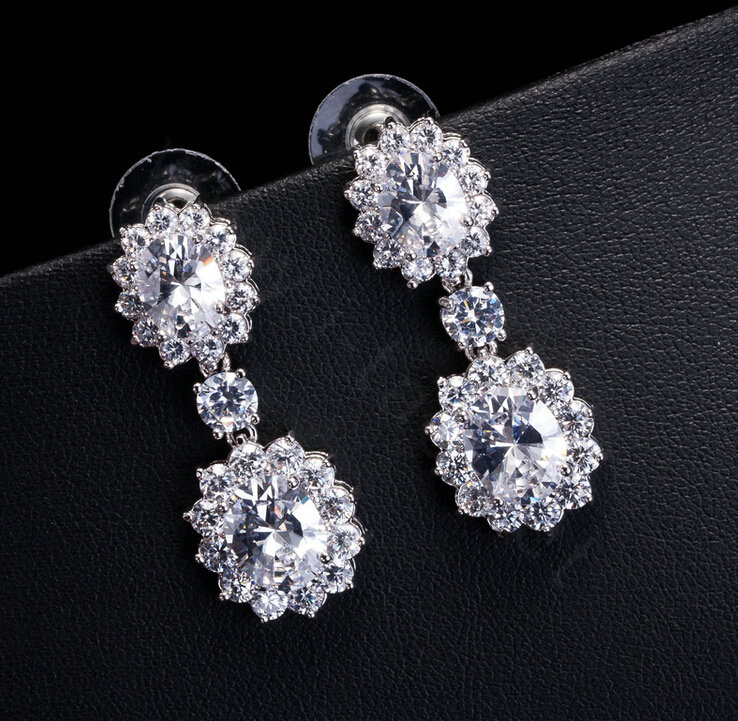 Luxury Banquet Wedding Jewelry Sets Diamond Flower Stud Earrings & Bridal Zircon Statement Necklace