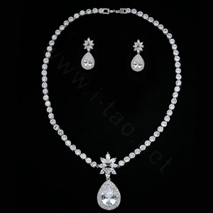 Luxury Banquet Wedding Jewelry Sets Diamond Flower Water-drop Earrings & Bridal Zircon Statement Necklace