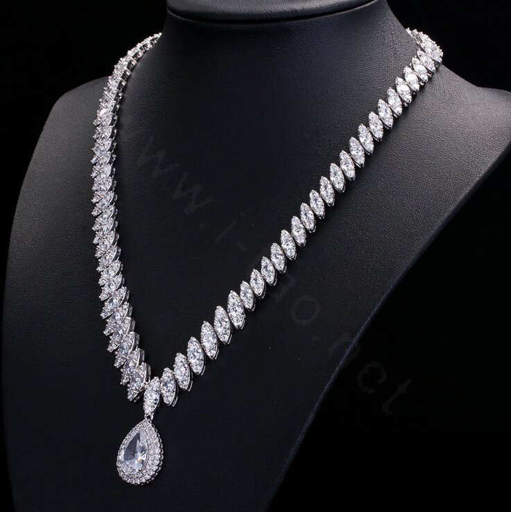 Luxury Banquet Wedding Jewelry Sets Diamond Water-drop Stud Earrings & Bridal Zircon Statement Necklace