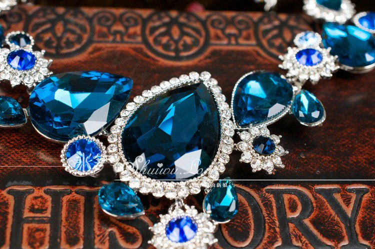 Luxury Banquet Wedding Jewelry Sets Flower Blue Crystal Headdress & Earrings & Bridal Rhinestone Necklace