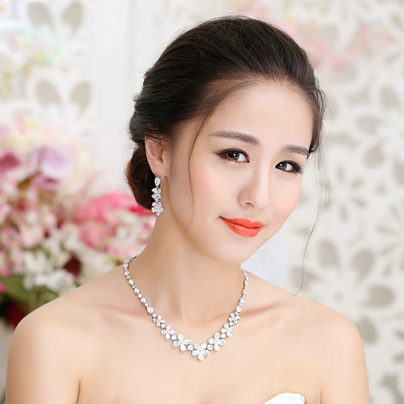 Luxury Banquet Wedding Jewelry Sets Flower Crystal Earrings & Bridal AAA+ Zircon Statement Necklace
