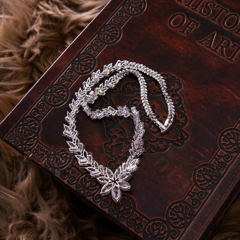 Luxury Banquet Wedding Jewelry Sets Flower Crystal Stud Earrings & Bridal AAA+ Zircon Statement Necklace