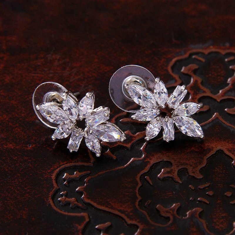 Luxury Banquet Wedding Jewelry Sets Flower Crystal Stud Earrings & Bridal AAA+ Zircon Statement Necklace