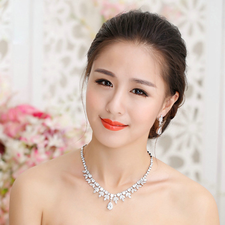 Luxury Banquet Wedding Jewelry Sets Flower Diamond Earrings & Bridal AAA+ Zircon Statement Necklace