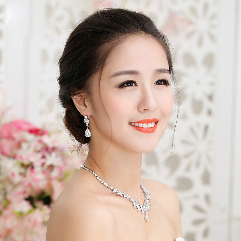 Luxury Banquet Wedding Jewelry Sets Flower Diamond Earrings & Bridal AAA+ Zircon Statement Necklace