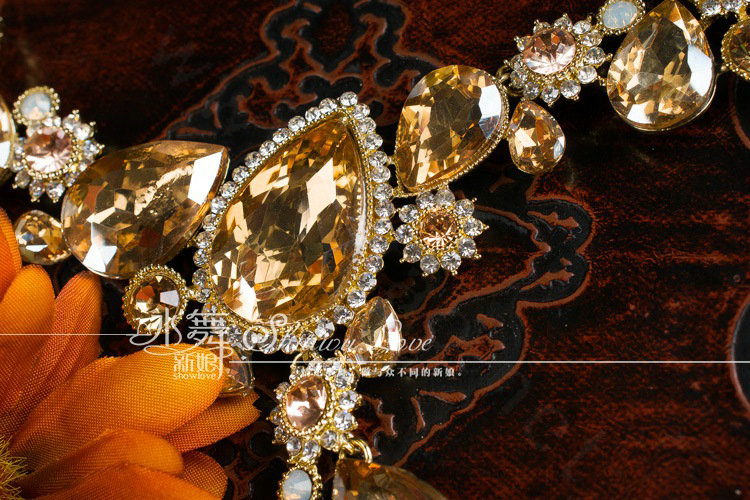 Luxury Banquet Wedding Jewelry Sets Flower Gold Crystal Headdress & Earrings & Bridal Rhinestone Necklace