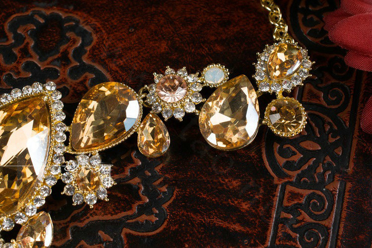 Luxury Banquet Wedding Jewelry Sets Flower Gold Crystal Headdress & Earrings & Bridal Rhinestone Necklace