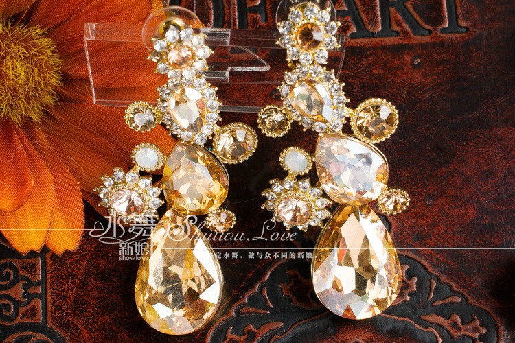 Luxury Banquet Wedding Jewelry Sets Flower Gold Crystal Headdress & Earrings & Bridal Rhinestone Necklace