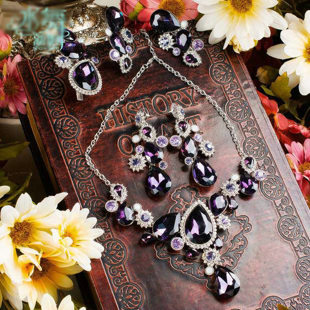 Luxury Banquet Wedding Jewelry Sets Flower Purple Crystal Headdress & Earrings & Bridal Rhinestone Necklace