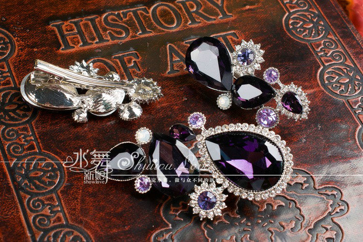 Luxury Banquet Wedding Jewelry Sets Flower Purple Crystal Headdress & Earrings & Bridal Rhinestone Necklace