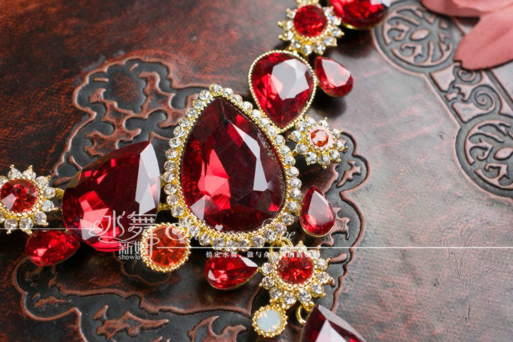 Luxury Banquet Wedding Jewelry Sets Flower Red Crystal Headdress & Earrings & Bridal Rhinestone Necklace