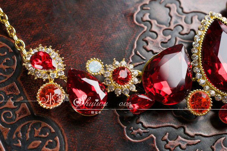 Luxury Banquet Wedding Jewelry Sets Flower Red Crystal Headdress & Earrings & Bridal Rhinestone Necklace