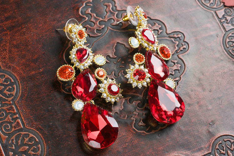 Luxury Banquet Wedding Jewelry Sets Flower Red Crystal Headdress & Earrings & Bridal Rhinestone Necklace