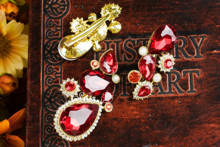 Luxury Banquet Wedding Jewelry Sets Flower Red Crystal Headdress & Earrings & Bridal Rhinestone Necklace