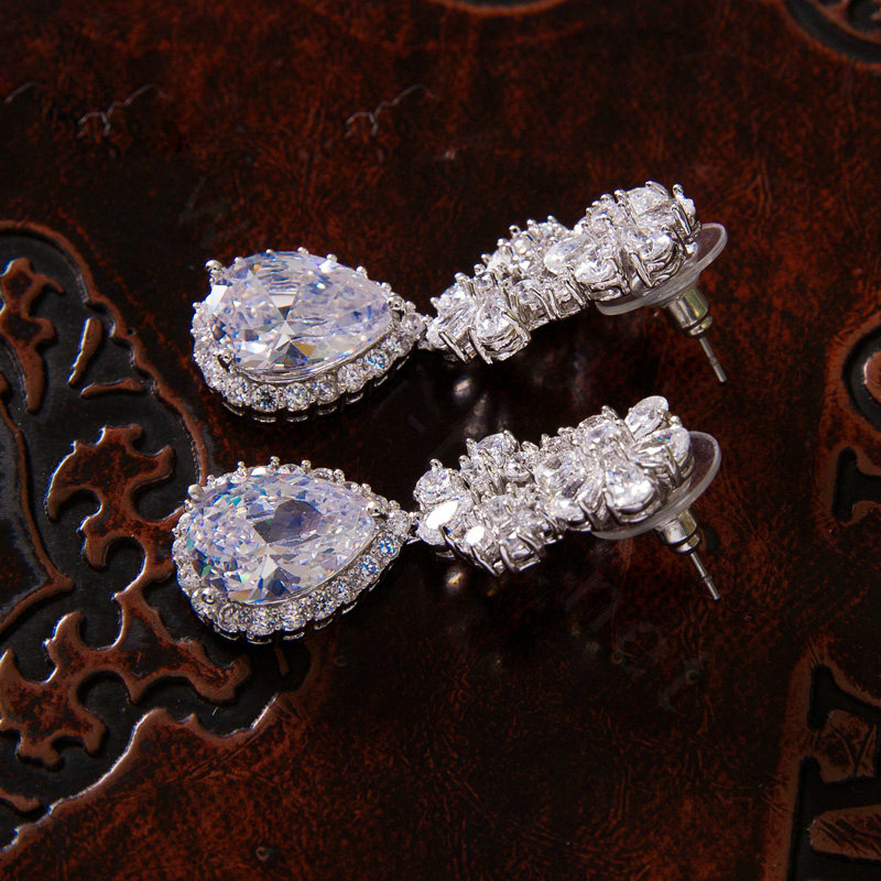 Luxury Banquet Wedding Jewelry Sets Flower Water-drops Earrings & Bridal AAA+ Zircon Statement Necklace