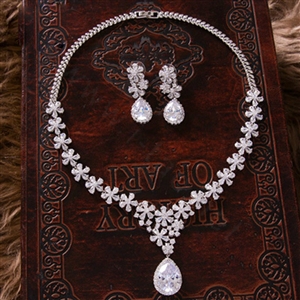 Luxury Banquet Wedding Jewelry Sets Flower Water-drops Earrings & Bridal AAA+ Zircon Statement Necklace