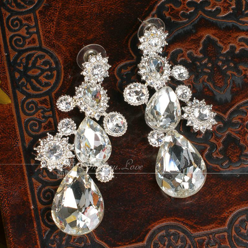 Luxury Banquet Wedding Jewelry Sets Flower White Crystal Headdress & Earrings & Bridal Rhinestone Necklace