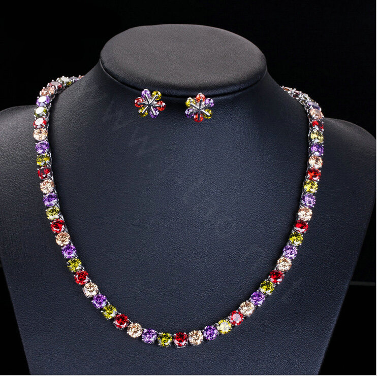 Luxury Banquet Wedding Jewelry Sets Multicolor Diamond Stud Earrings & Bridal Zircon Statement Necklace