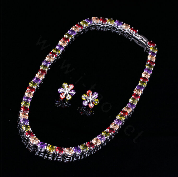 Luxury Banquet Wedding Jewelry Sets Multicolor Diamond Stud Earrings & Bridal Zircon Statement Necklace