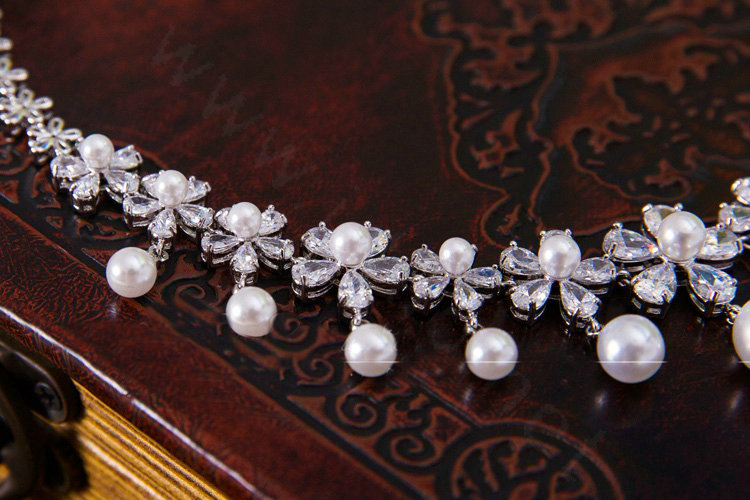 Luxury Banquet Wedding Jewelry Sets Pearl Flower Earrings & Bridal AAA+ Zircon Statement Necklace
