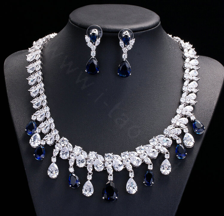 Luxury Banquet Wedding Jewelry Sets Tassel Blue Water-drop Diamond Stud Earrings & Bridal Zircon Statement Necklace