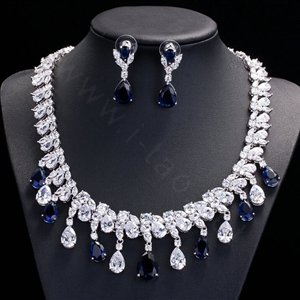 Luxury Banquet Wedding Jewelry Sets Tassel Blue Water-drop Diamond Stud Earrings & Bridal Zircon Statement Necklace