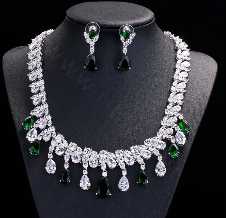 Luxury Banquet Wedding Jewelry Sets Tassel Green Water-drop Diamond Stud Earrings & Bridal Zircon Statement Necklace