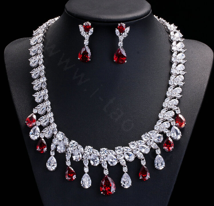 Luxury Banquet Wedding Jewelry Sets Tassel Red Water-drop Diamond Stud Earrings & Bridal Zircon Statement Necklace