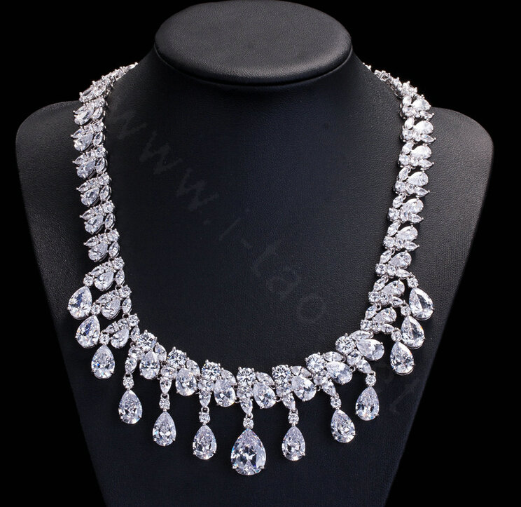 Luxury Banquet Wedding Jewelry Sets Tassel Water-drop Diamond Stud Earrings & Bridal Zircon Statement Necklace