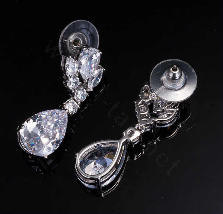 Luxury Banquet Wedding Jewelry Sets Tassel Water-drop Diamond Stud Earrings & Bridal Zircon Statement Necklace